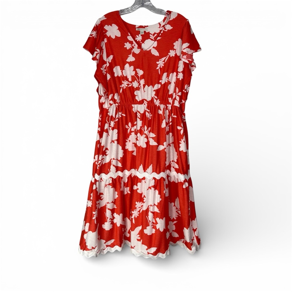 Cato Dress Womens 14/16W Coral White Floral V Neck Ric Rac Ruffle Sleeve Scallop